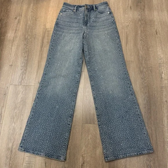 Good American Good Ease Crystal Embellished Wide Leg Jeans Loose Fit Size 00/24 - Picture 5 of 14